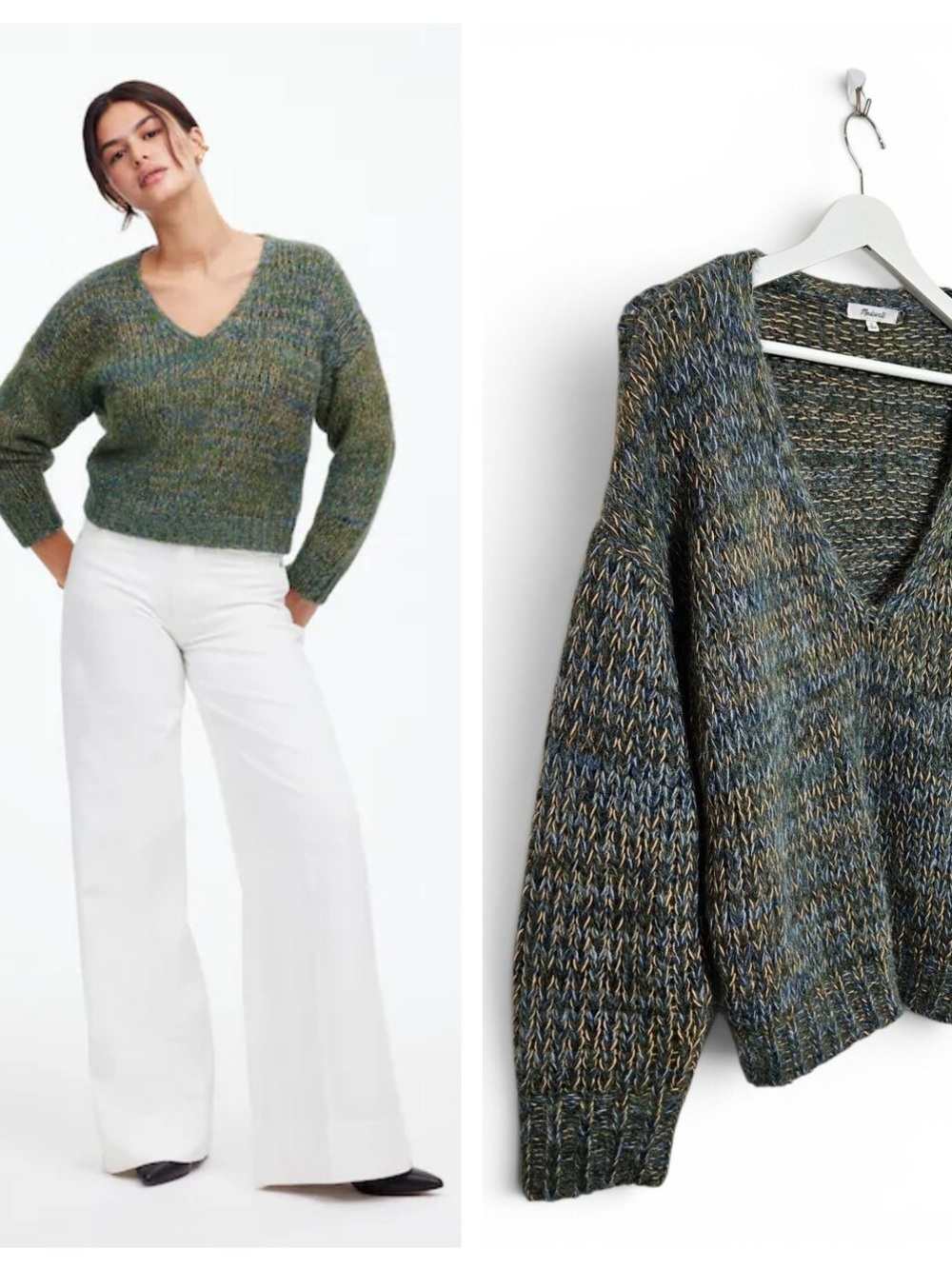 Madewell V-Neck Multicolor Knit Sweater - Green Blend Wool Blend
